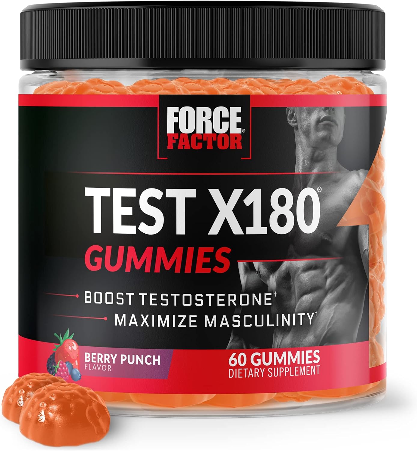 Force Factor Test X180 Gummies Testosterone Booster for Men with Tongkat Ali, Horny Goat Weed, Tribulus Terrestris, Fenugreek,  Black Maca, Supplement Men, Berry Punch, 60 Gummies, 1-Pack