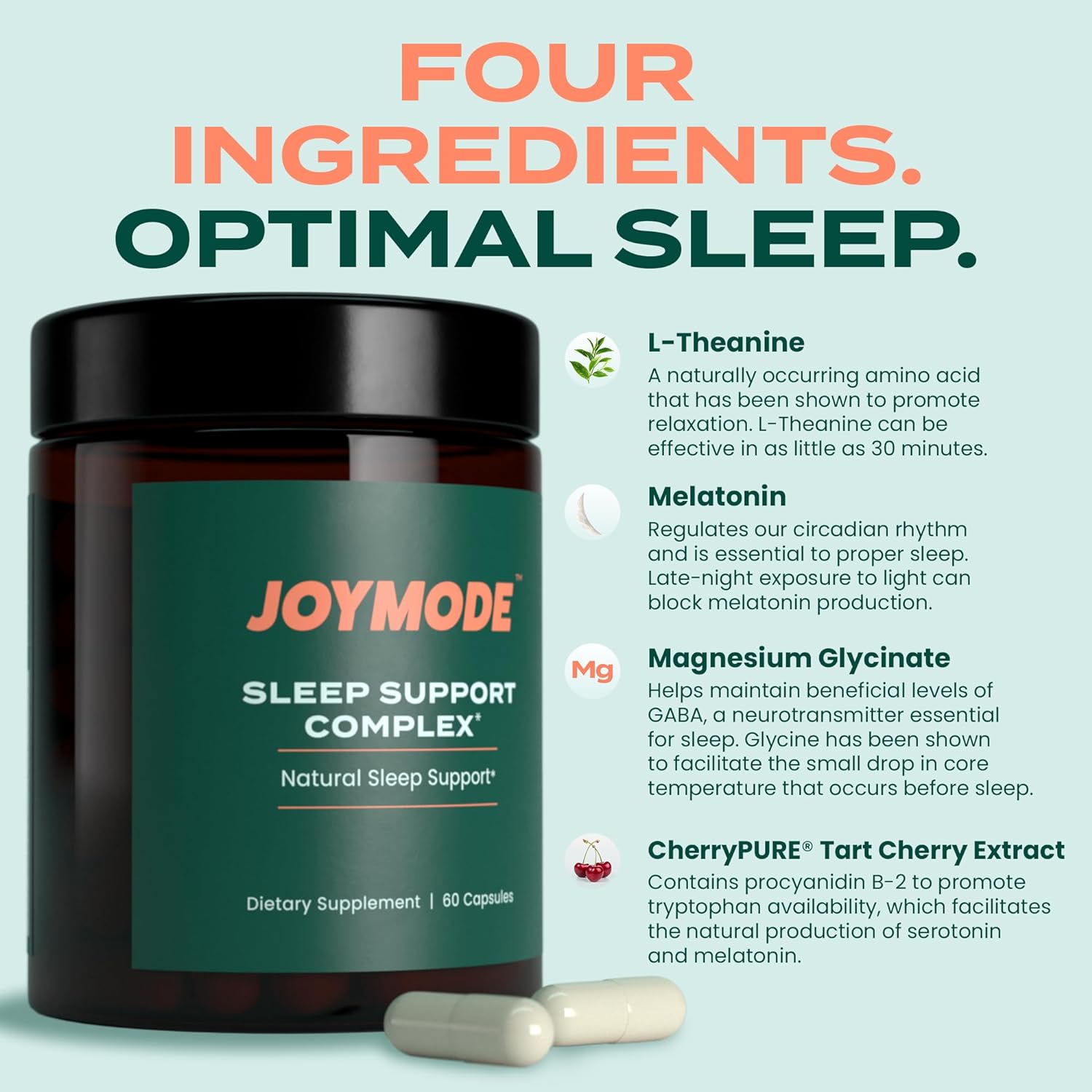 JOYMODE Sleep Aid Supplement for Adults (60 ct) with L Theanine, Melatonin  125mg Magnesium Glycinate, 500mg Tart Cherry Extract from CherryPURE for Sleep Support